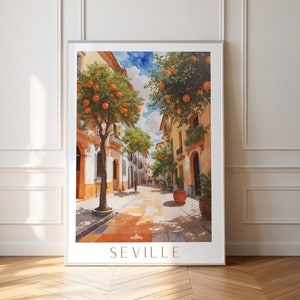 Seville Travel Poster, Spain Wall Art, Seville Travel Poster Gift, Oil paint Spain Travel Poster,Watercolor Orange Tree Ski Print Art