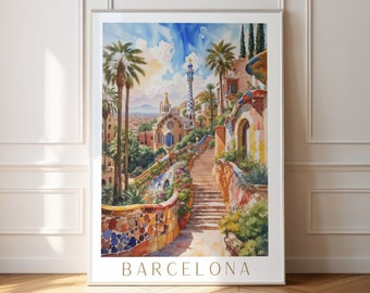 Barcelona Travel Poster Wall Art,Park Guell Spain Travel Poster Gift, Oil paint Park Guell Poster,Watercolor Barcelona, Spain Poster Print