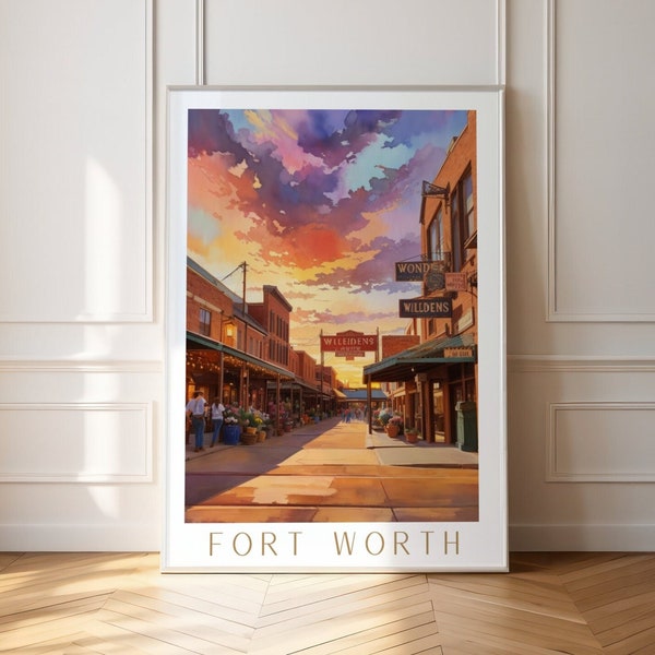 Fort Worth Texas Stockyards, Travel Poster Gift Print, Texas Oil Wall Decor, Mid Century Decor Watercolor Retro Digital Print Download