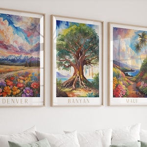 Set of 3 Banyan Tree Travel Poster Wall Art,Colorado Set of Three Hawaii Travel Poster Gift, Oil paint Tree Travel Poster,Watercolor Hawaii