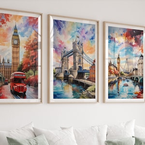 Set of 3 London Travel Poster Wall Art,England Travel Poster Gift, Oil paint Set of 3 Travel Poster,Watercolor Big Ben, British Poster Print