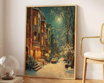 Snowy City Street Art | Brownstone Winter Wall Print | Cozy Neighborhood Night Decor | Moonlit Urban Winter Painting | Warm Window City Art
