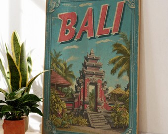 Vintage Bali Travel Poster | Retro Bali Temple Print | Tropical Indonesia Wall Art | Balinese Temple Travel Art | Mid Century Bali Poster