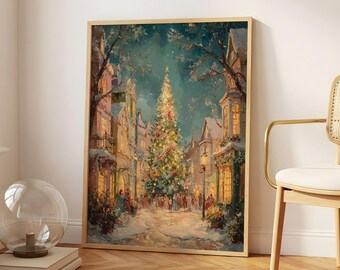 Snowy Christmas Village Print | Glowing Christmas Tree Art | Cozy Winter Street Decor | Vintage Holiday Print | Festive European Street Art