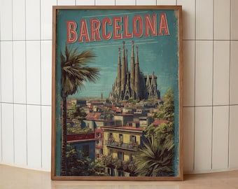Vintage Barcelona Travel Poster | Sagrada Familia Wall Art | Retro Spain Travel Print | Barcelona City Wall Decor | Mediterranean Travel Art