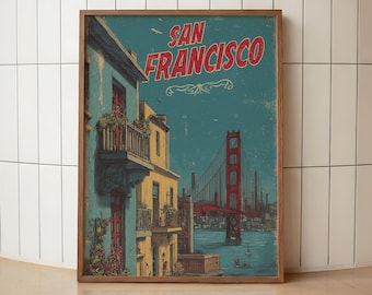 San Francisco Travel Poster | Vintage Golden Gate Art | Retro California Wall Print | Bay Area Landmark Decor | San Francisco City Art
