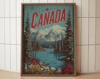 Retro Canada Wall Art | Vintage Canadian Rockies Poster | Mountain Lake Travel Print | Canadian Wilderness Landscape Art | Alpine City Decor