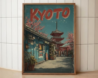 Kyoto Cherry Blossom Poster | Vintage Japan Travel Print | Japanese Pagoda Wall Art | Retro Kyoto City Poster | Spring Temple Scene Print