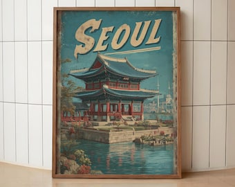Vintage Seoul Travel Poster | Retro Korean Temple Print | Seoul City Wall Art | South Korea Travel Decor | Korean Palace Travel Print