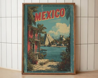 Mexico Vintage Travel Print | Retro Mexican Wall Poster | Tropical Mexico Landscape Art | Mayan Pyramid Travel Artwork | Mexico Vacation Art