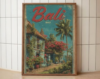 Vintage Bali Travel Poster | Tropical Bali Village Print | Retro Indonesian Wall Art | Balinese Island Home Decor | Summer Bali Vacation Art