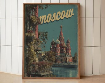 Vintage Moscow Travel Poster | Saint Basil Cathedral Print | Retro Russia Wall Art | Moscow City Travel Decor | Russian City Wall Print