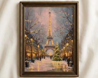Eiffel Tower Christmas Print | Snowy Paris Holiday Art | Paris Christmas Street Decor | Festive Eiffel Tower Painting | Romantic Winter Art