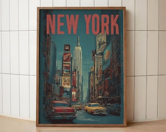 Retro New York City Poster | Vintage Times Square Wall Art | Manhattan Taxi Street Print | Empire State Building Art | NYC Travel Poster Art
