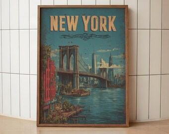 Vintage New York Print | Brooklyn Bridge Wall Art | Retro NYC Travel Poster | New York Decor | Vintage Manhattan Skyline Art | Brooklyn Art