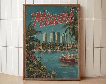 Retro Miami Travel Poster | Vintage Florida Coastal Art | Miami Marina Wall Print | Tropical Palm Tree Decor | Mid Century Travel Art