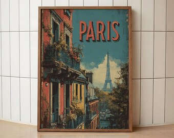 Vintage Paris Travel Poster | Retro Eiffel Tower Print | Parisian Street Wall Art | City Travel Decor | Vintage France Print | Paris Art