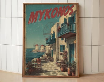 Mykonos Greece Vintage Print | Greek Coastal Village Poster | Retro Mediterranean Wall Art | Aegean Island Travel Decor | Mykonos Art Print