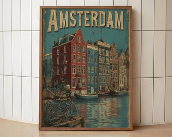Vintage Amsterdam Travel Poster | Amsterdam Canal Wall Art | Retro Netherlands City Print | Amsterdam Canal House Decor | European TravelArt