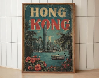Hong Kong Travel Poster | Vintage Victoria Harbour Print | Retro Asian City Artwork | Hong Kong Skyline Decor | Tropical Harbour Wall Art