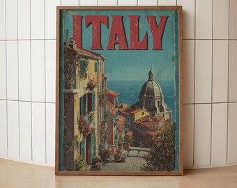 Retro Italy Travel Print | Vintage Italian Coast Poster | Mediterranean Village Wall Art | Summer European Travel Decor | Italy Seaside Art