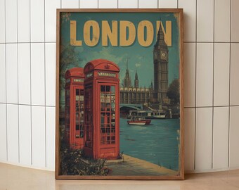 Vintage London Travel Poster | Big Ben Wall Art | Red Telephone Box Print | Retro England Travel Art | British London Landmark Home Decor