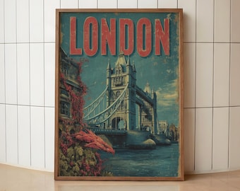 Vintage London Travel Poster | Tower Bridge Wall Art | Retro London City Print | British Landmark Home Decor | London Skyline Travel Art