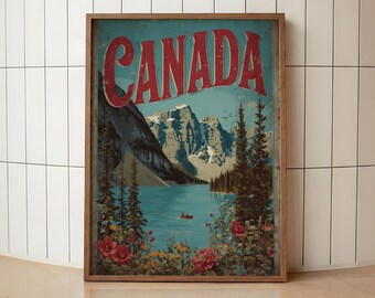 Vintage Canada Travel Poster | Canadian Rockies Wall Art | Retro Mountain Lake Print | Banff Inspired Travel Art | Canada Cabin Wall Decor