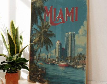 Retro Miami Wall Art | Vintage Florida Travel Print | Miami Waterfront City Poster | Tropical Palm Tree Decor | Florida Marina Wall Art
