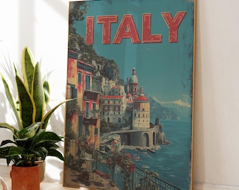 Retro Italy Wall Art | Vintage Amalfi Coast Poster | Italian Coastal Village Print | Mediterranean Seaside Travel Art | Italian Coast Decor