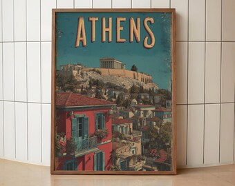 Athens Acropolis Wall Art | Vintage Athens Travel Poster | Retro Greek City Artwork | Greece Vacation Keepsake Print | Mediterranean Art