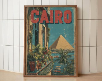 Retro Cairo Pyramid Poster | Vintage Egypt Wall Decor | Giza Pyramid Travel Print | Egyptian Cityscape Wall Art | Cairo Balcony View Art