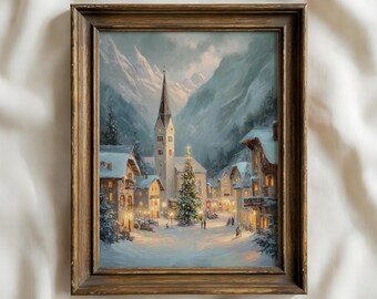 Snowy Alpine Christmas City Art | Vintage Winter Village Print | Cozy Travel Christmas Art | European Christmas Decor | Snowy Holiday Print