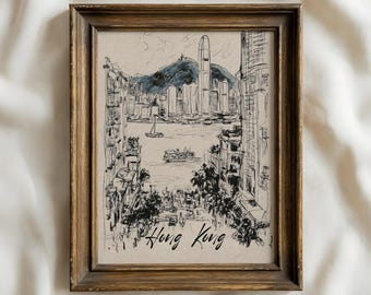 Muurdecoratie met schets van de skyline van Hongkong | Print van de haven van Hongkong | Moderne stadsgezicht lijntekening | Minimalistische decoratie voor Hongkong | Zwart-wit stadsgezicht