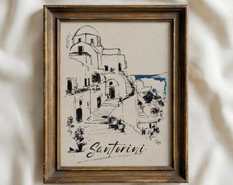 Muurdecoratie van Santorini | Minimalistische schets van de stad Santorini | Reisposter van een Grieks eiland | Zwart-wit tekening van Santorini | Kustdecoratie