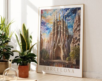 Barcelona Travel Poster, La Sagrada Familia Wall Art, Spain Travel Poster Gift, Oil paint Spain Travel Poster,Watercolor Spain, Spain Gift