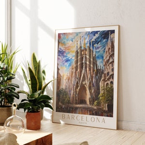 Plakat podróżniczy Barcelona, sztuka ścienna La Sagrada Familia, prezent z plakatu podróżniczego Hiszpania, plakat podróżniczy Hiszpania farbą olejną, akwarela Hiszpania, prezent z Hiszpanii