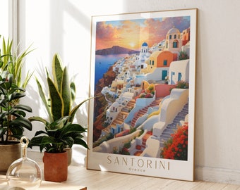 Santorini Travel Poster, Greece Wall Art, Santorini Travel Poster Gift, Oil paint Greece Travel Poster,Watercolor Santorini, Santorini Gift