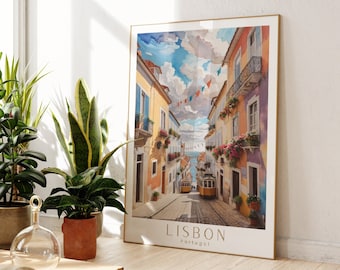 Lisbon Train Travel Poster Wall Art,Portugal Travel Poster Gift, Oil paint Lisbon Portugal Travel Poster,Watercolor Lisbon Yellow Tram