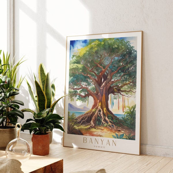 Art mural affiche de voyage Banian Tree, cadeau affiche de voyage Banyan Hawaii, peinture à l'huile affiche de voyage Banian Tree, aquarelle Hawaï