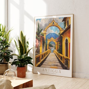 Antigua Guatemala Travel Poster Print, Santa Catarina America Retro Poster, Guatemala Travel Lovers, Central America Wall Art Gift Oil Paint