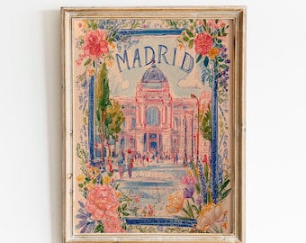 Muurdecoratie met Madrid-thema | Bloemenprint van Madrid | Kunstprint van Spanje | Romantisch kunstcadeau met Spanje | Botanische print van Madrid | Kleurrijke stadskunst