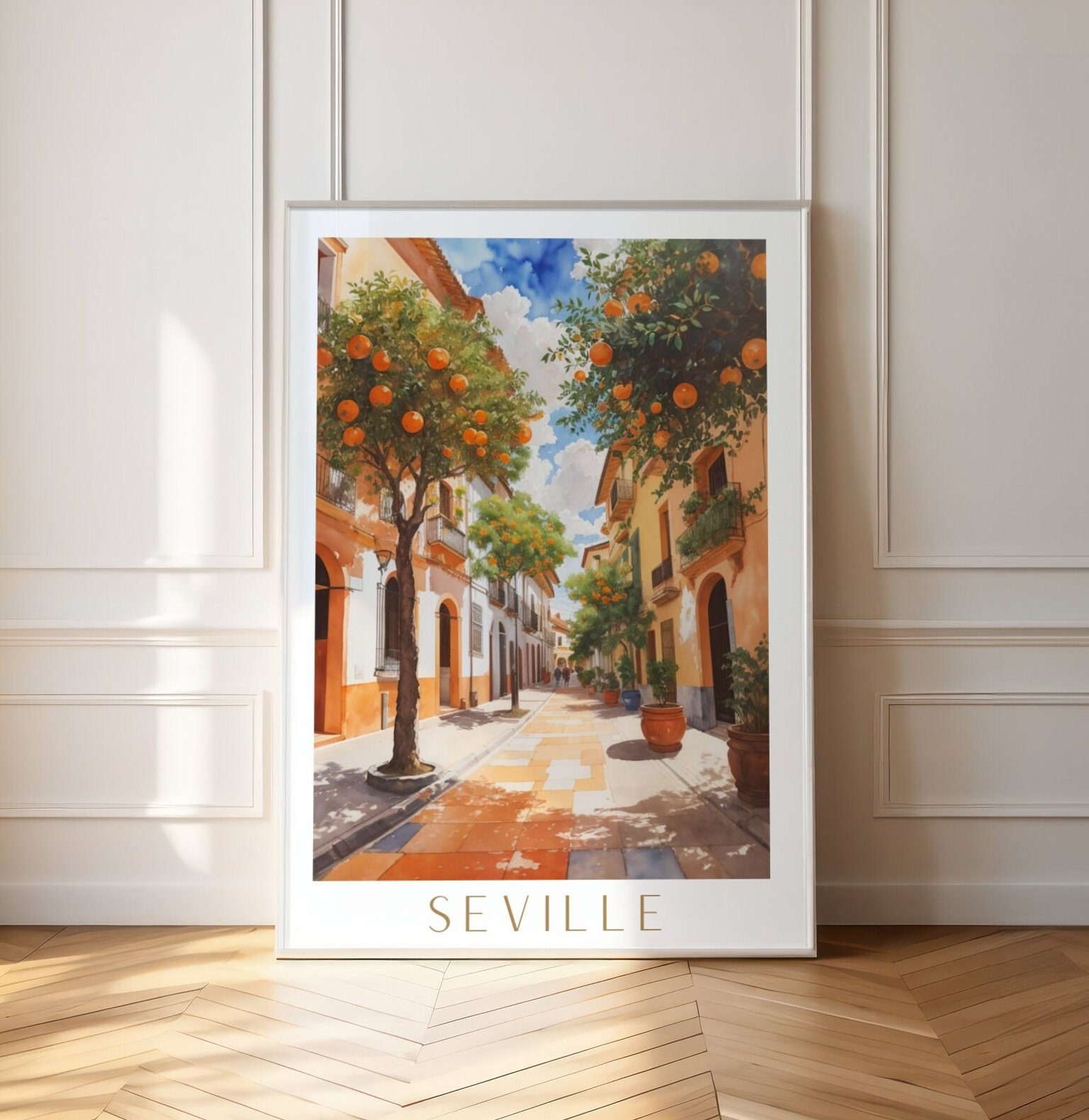 Seville Travel Poster, Spain Wall Art, Seville Travel Poster Gift, Oil paint Spain Travel Poster,Watercolor Orange Tree Ski Print Art