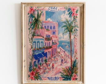 Muurdecoratie met Cuba-thema | Print van de kuststad Havana | Cuba posterdecoratie | Tropische Caribische kunst | Bloemen in Havana | Palmboomdecoratie