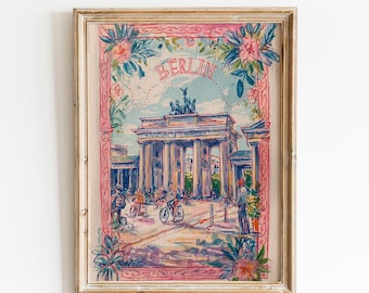 Berlijn reisdecoratie voor aan de muur | Roze bloemenprint van Berlijn | Poster van de Brandenburger Tor | Berlijn vakantie souvenir print | Europese wanddecoratie