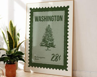 Vintage Washington-stempelafdruk | Groenblijvende staatskunst | Wanddecoratie Pacific Northwest | Rustieke reisposterafdruk | Botanische stempelkunst