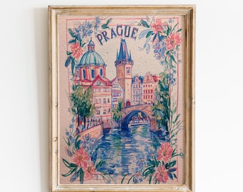 Praag Reis Muurdecoratie | Bloemen Praag Stadsgezicht Aquarel Print | Roze Praag Decoratie | Bloemen Europese Stadsgezicht Kunst | Karelsbrug Print