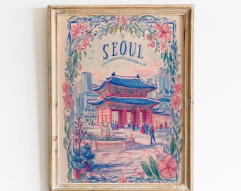Reisposter van Seoul | Muurdecoratie voor een Koreaans paleis | Roze bloemenkunst | Decoratief cadeau voor Seoul | Bloemenprint van Seoul | Skylineprint van Seoul