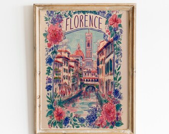 Muurdecoratie met reisthema Florence | Aquarelprint van een stadsgezicht van Florence | Roze poster van Florence | Bloemenkunstwerk van een Italiaanse stad | Print van Toscane