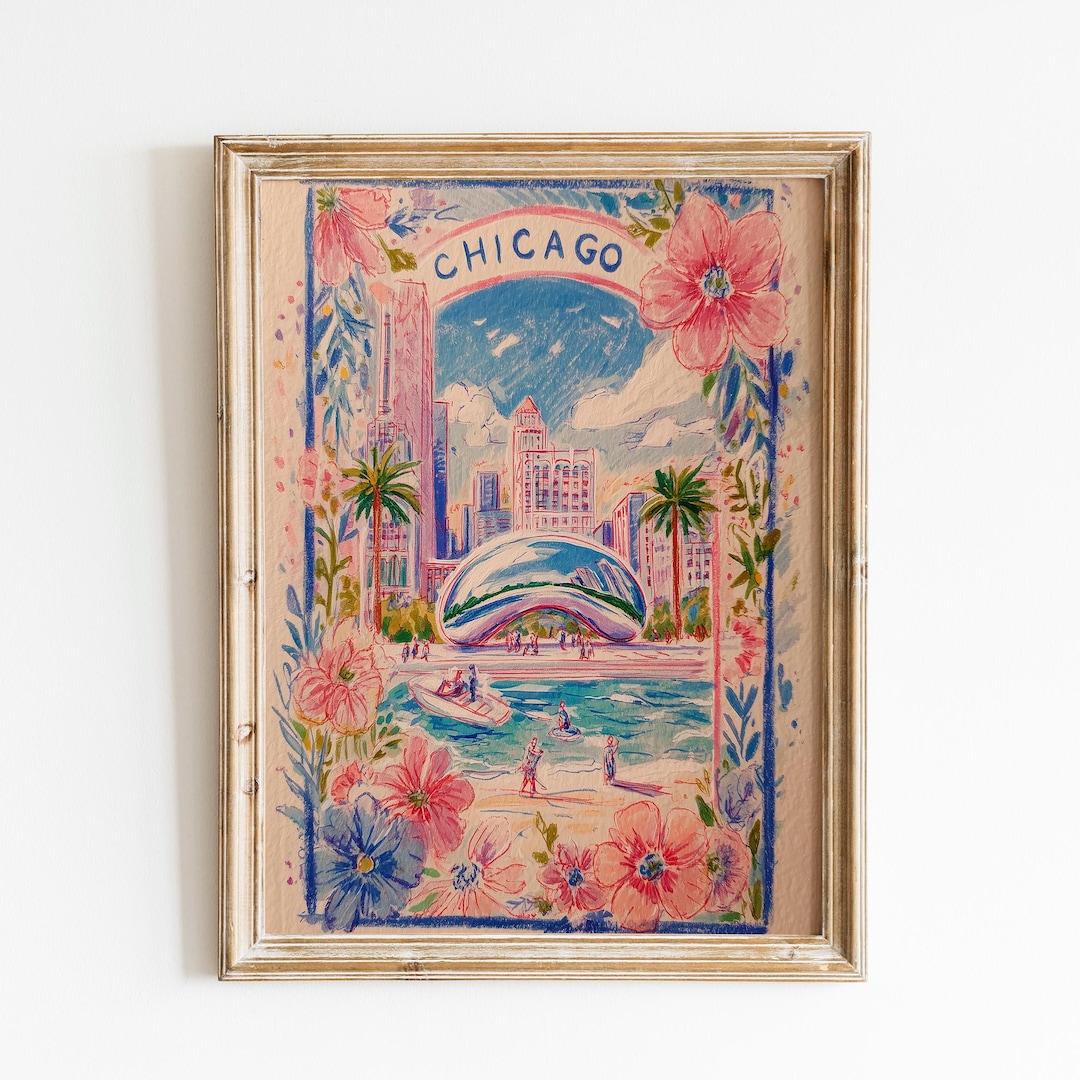 Chicago Spring Esentials Chicago Skyline Floral Print | Chicago Bean Wall Art | Pink Botanical ...